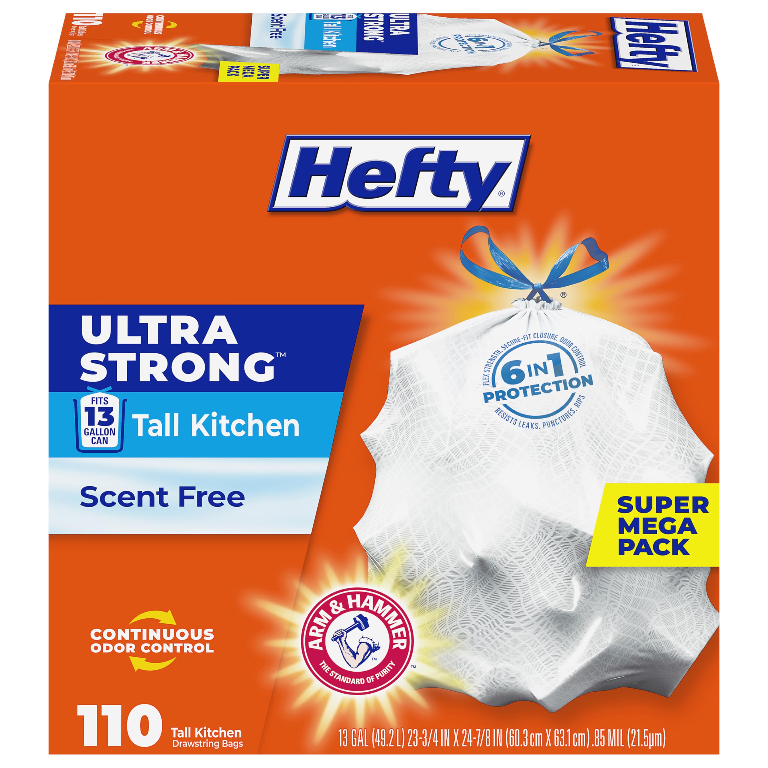 Hefty front packaging showing 110 count and white bags with protection benefits