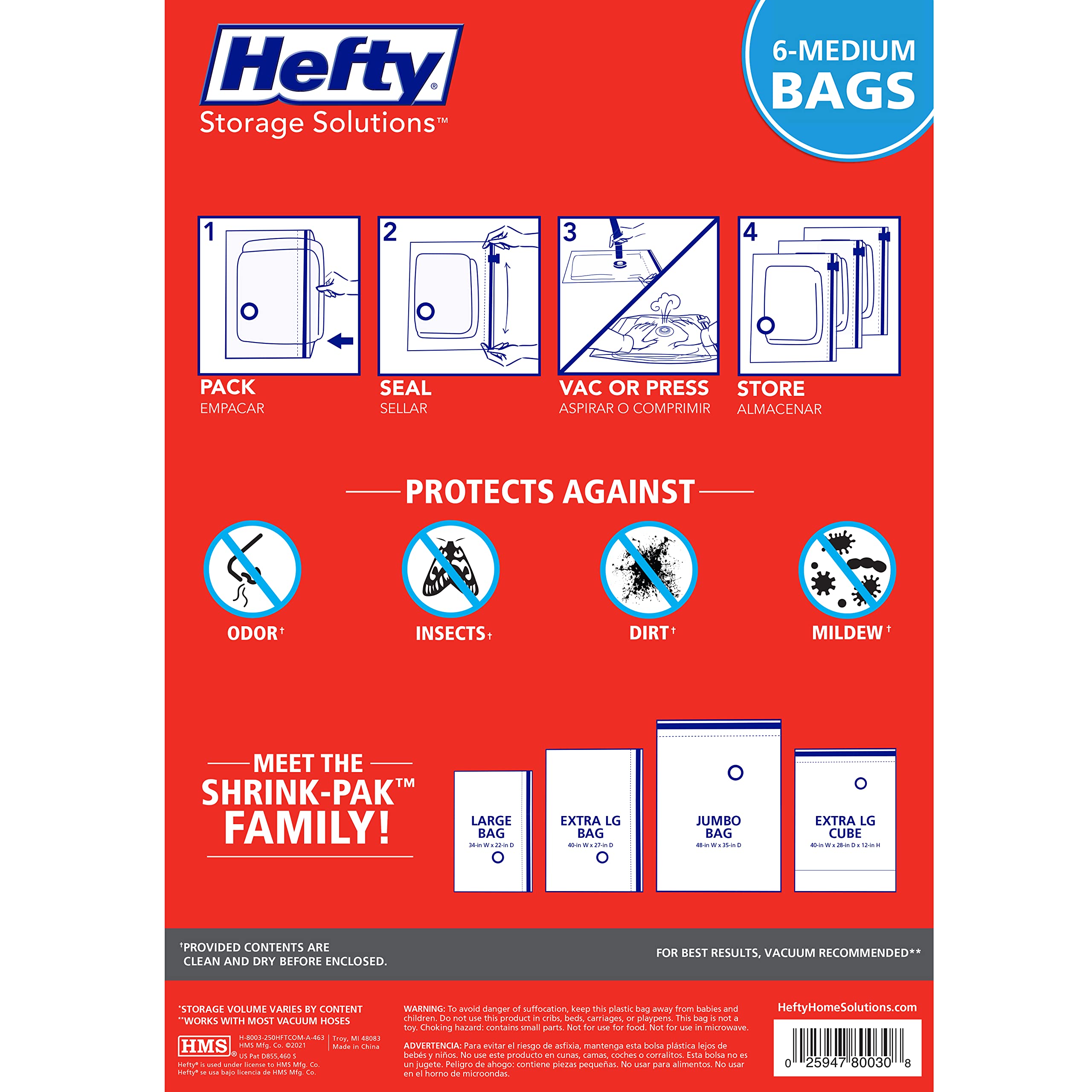 Hefty Shrink-Pak compressed sweaters demonstrating 3x space savings benefit