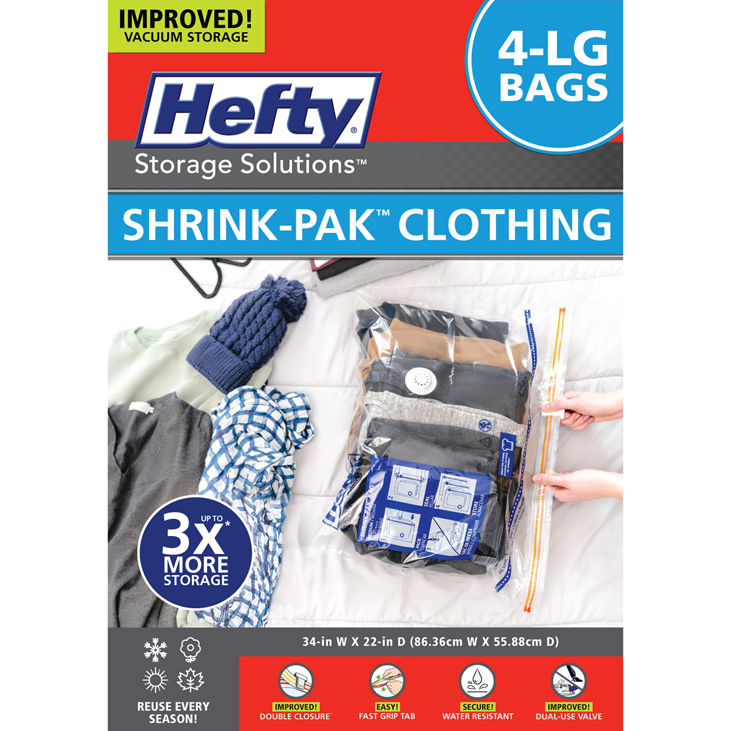 Hefty Shrink-Pak front packaging showing four large vacuum bags and space-saving benefit