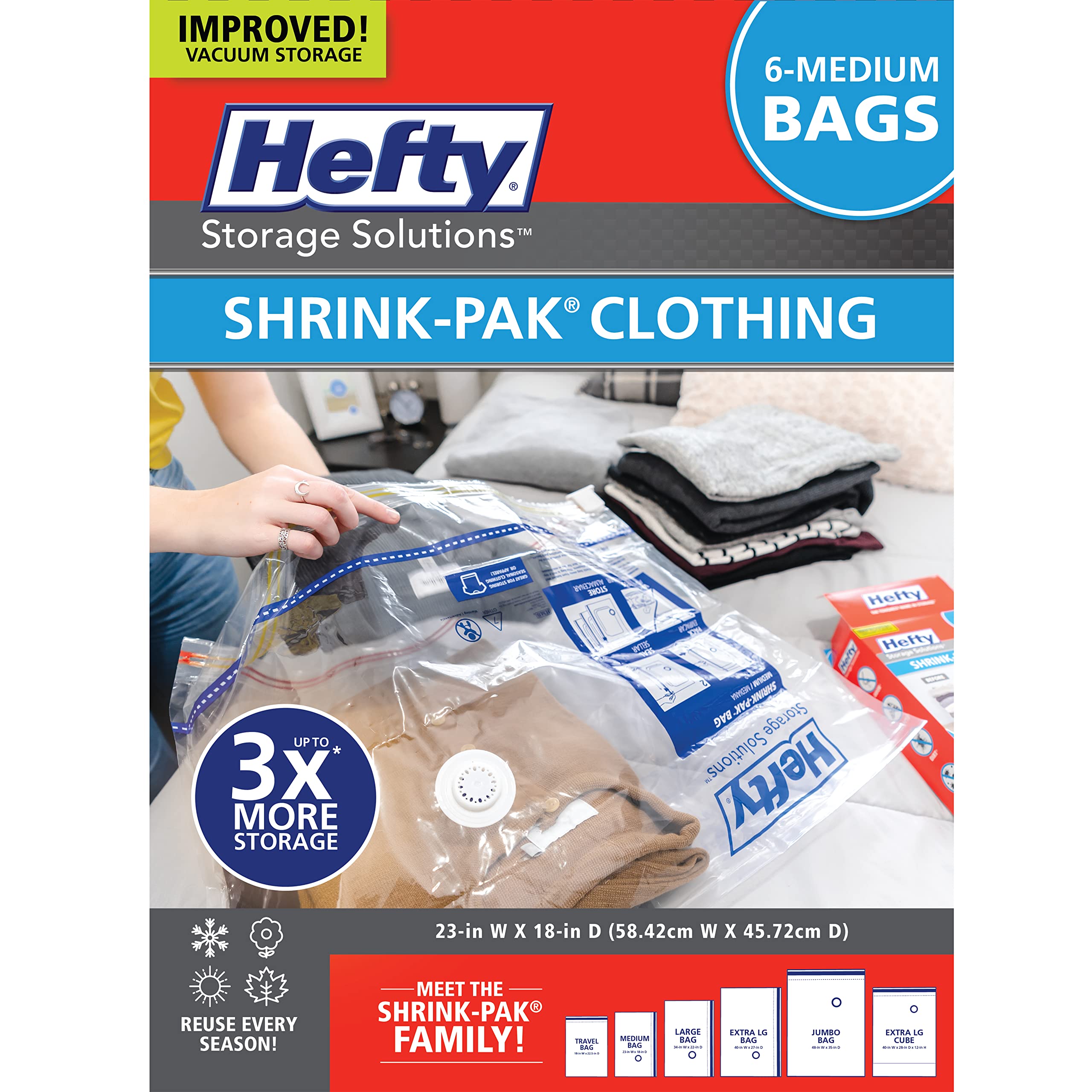 Hefty Shrink-Pak front packaging showing six medium zipper bags and brand