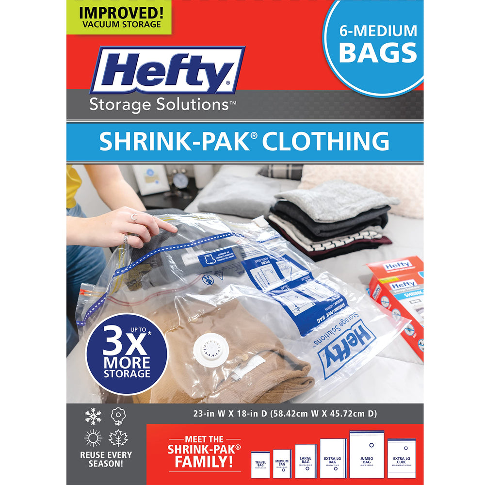 Hefty Shrink-Pak front packaging showing six medium zipper bags and brand