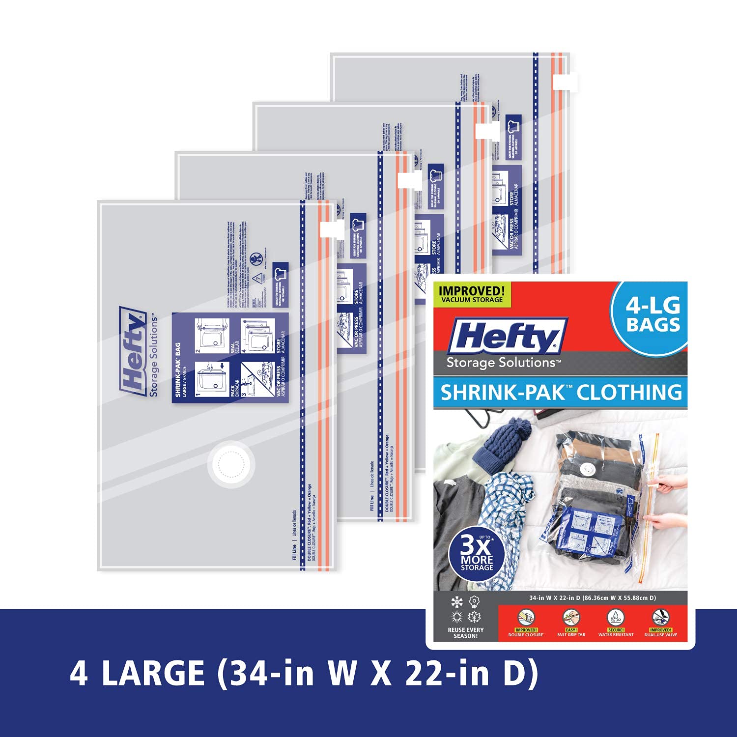 Hefty Shrink-Pak bag with compressed clothes demonstrating neat compact storage