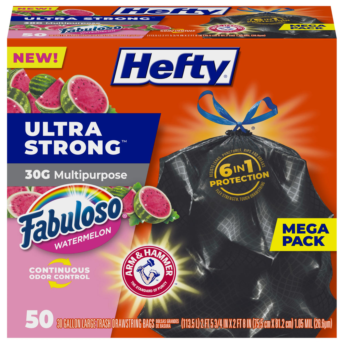 Hefty Ultra Strong front package showing count and scent benefit
