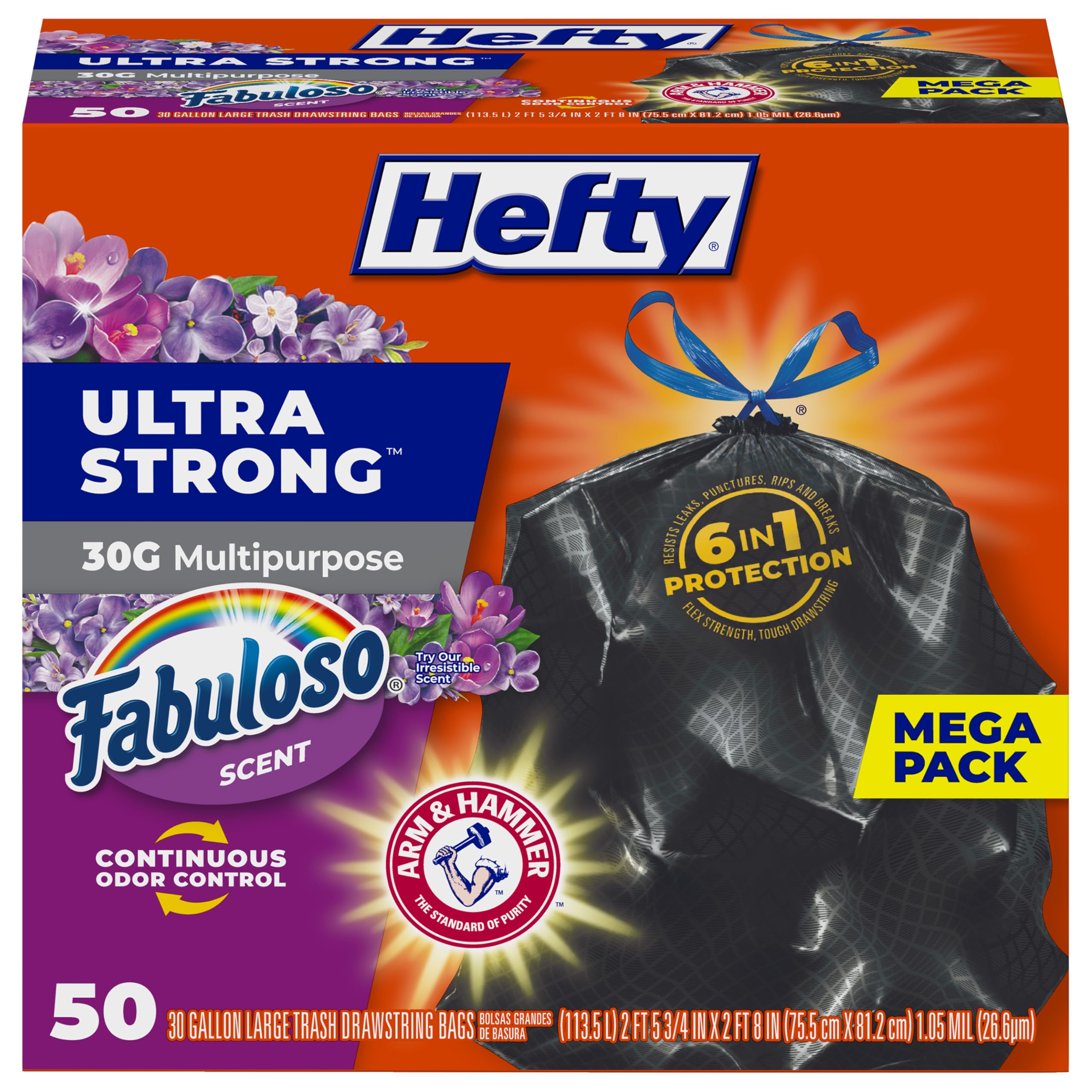 Hefty Ultra Strong front package showing 50-count and black bags for reliable storage