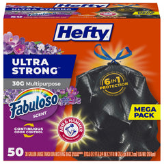 Hefty Ultra Strong front package showing 50-count and black bags for reliable storage