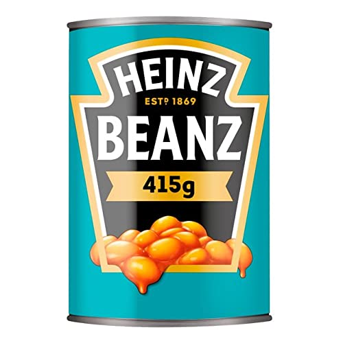 HEINZ open can showing beans and tomato sauce, ready to serve quickly