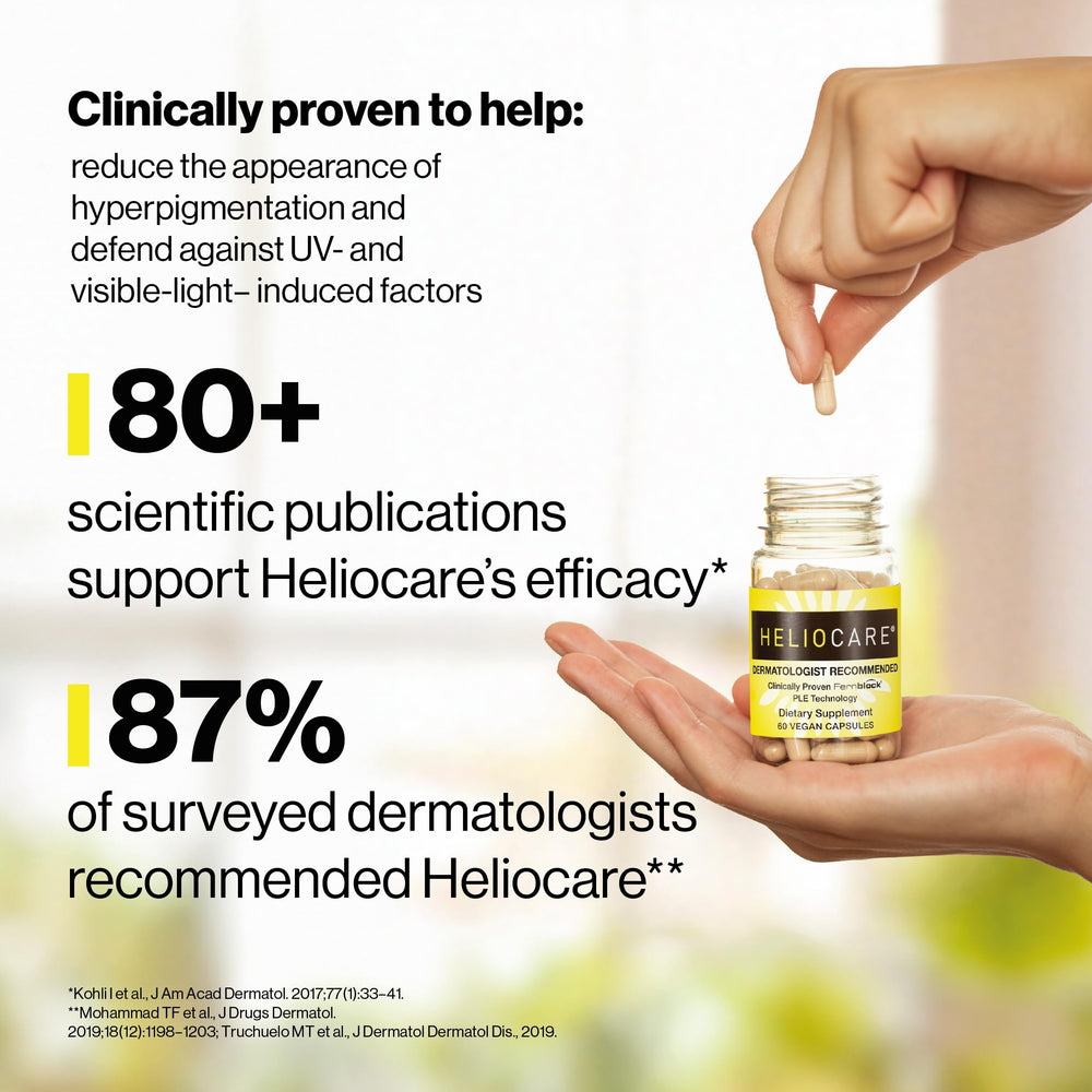 Heliocare open bottle with capsules visible to show daily supply benefit