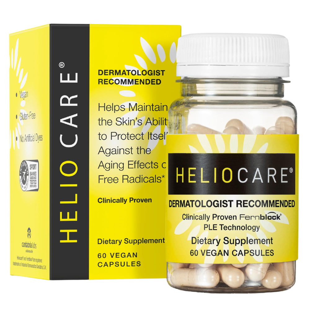 Heliocare front of bottle showing brand and capsule count for easy identification