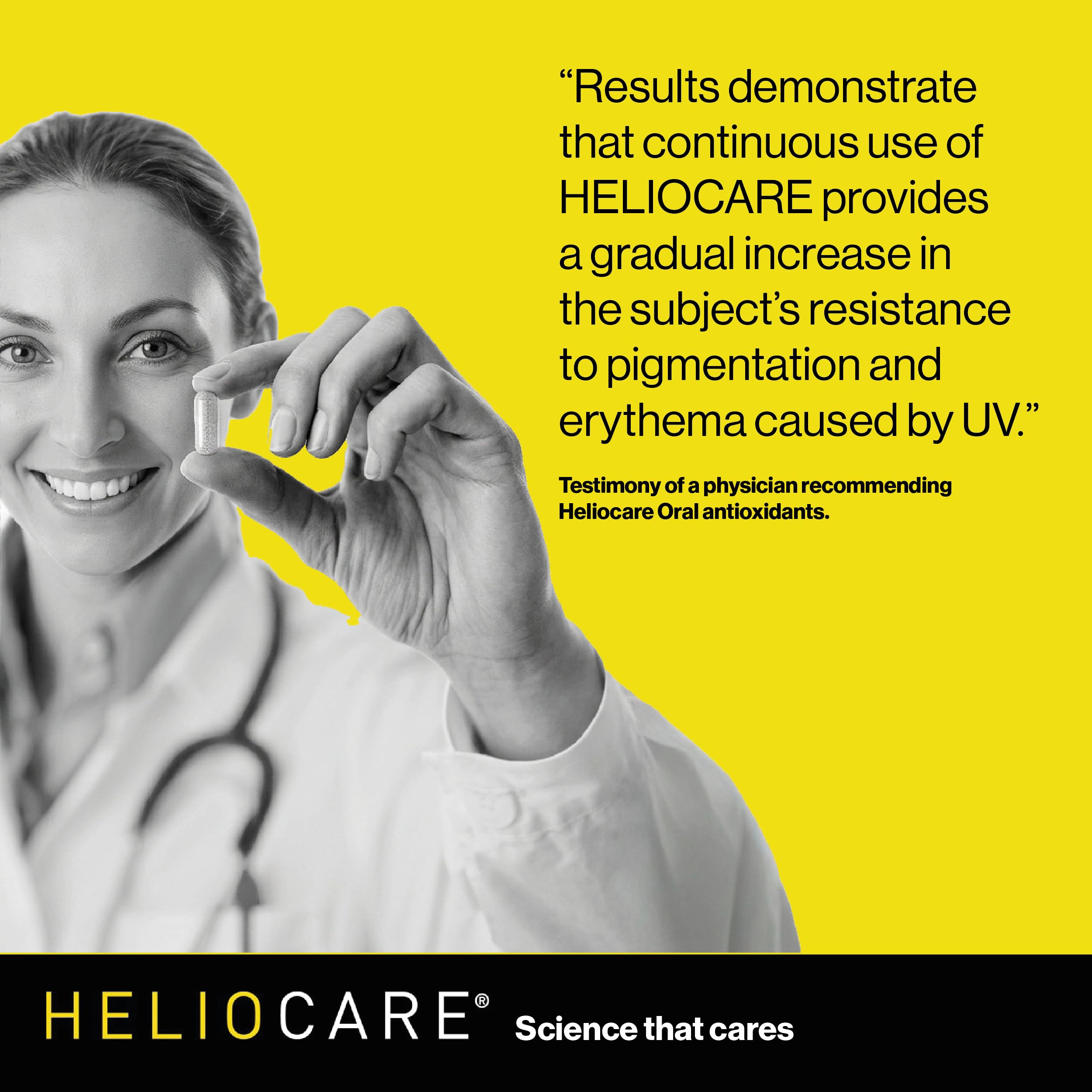 Heliocare bottle on bathroom shelf with skincare products to show routine use