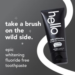 hello open tube with black charcoal paste texture for gentle polishing