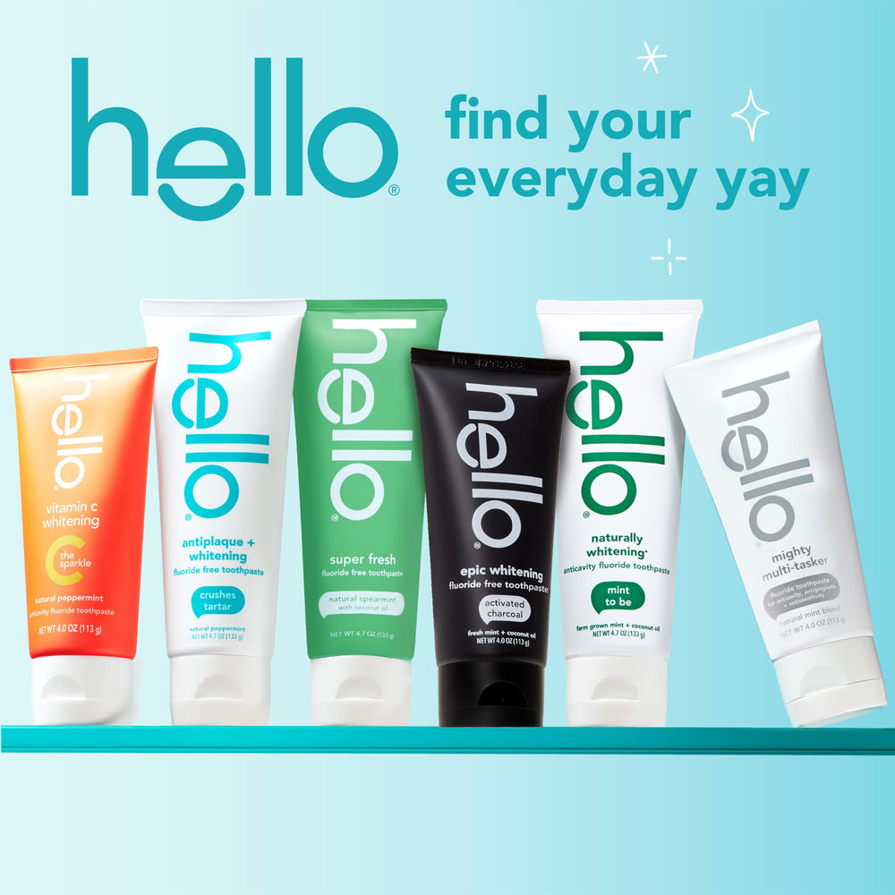 hello toothpaste on bathroom counter in lifestyle scene for routine appeal
