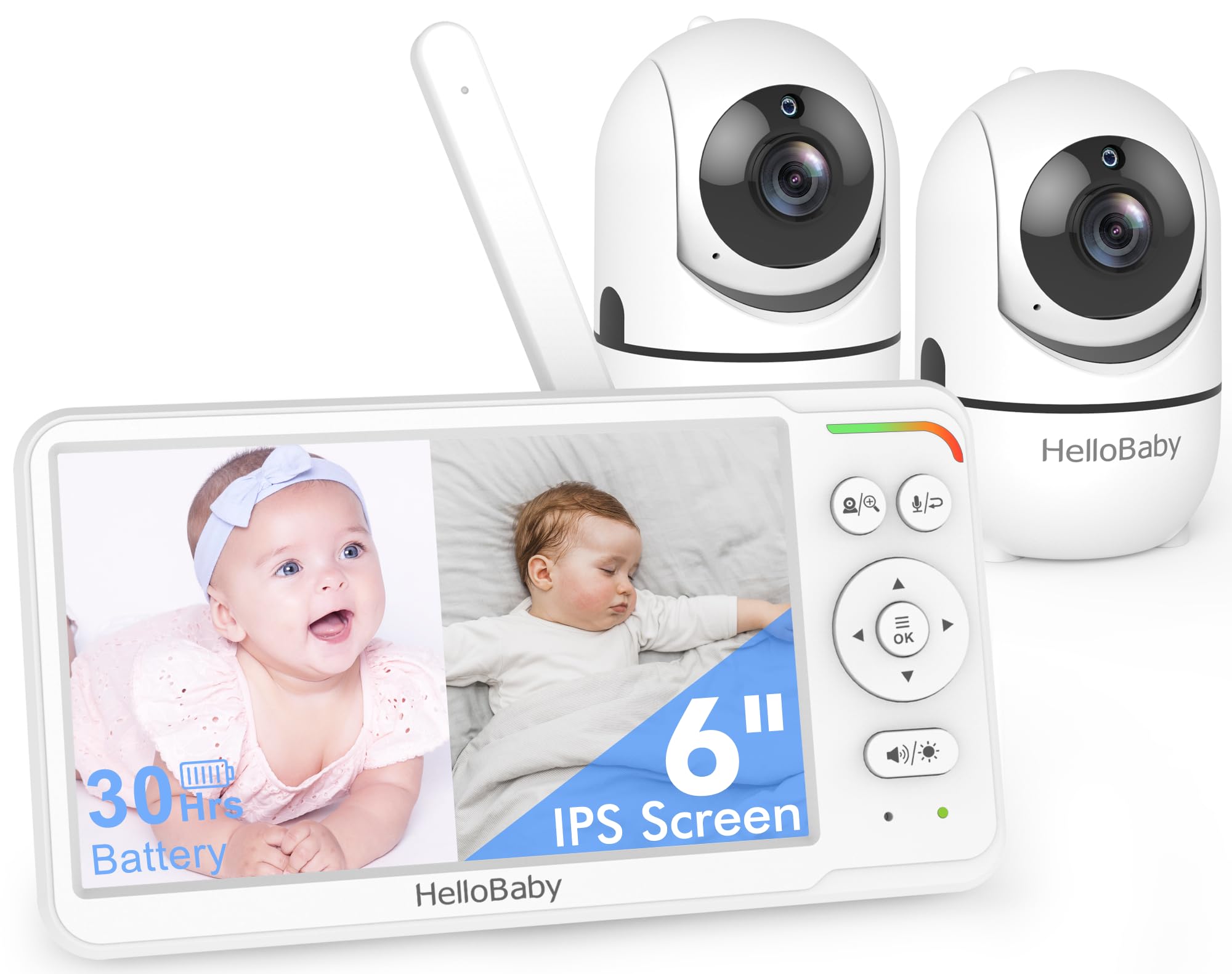 HelloBaby monitor front view showing 6-inch split-screen and clear display benefit