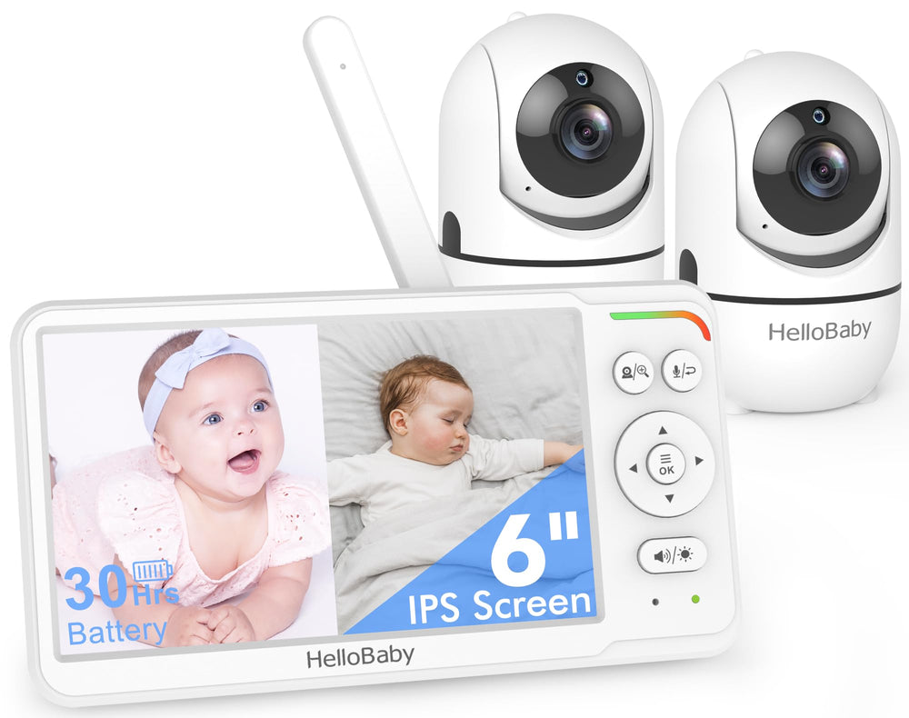 HelloBaby monitor front view showing 6-inch split-screen and clear display benefit