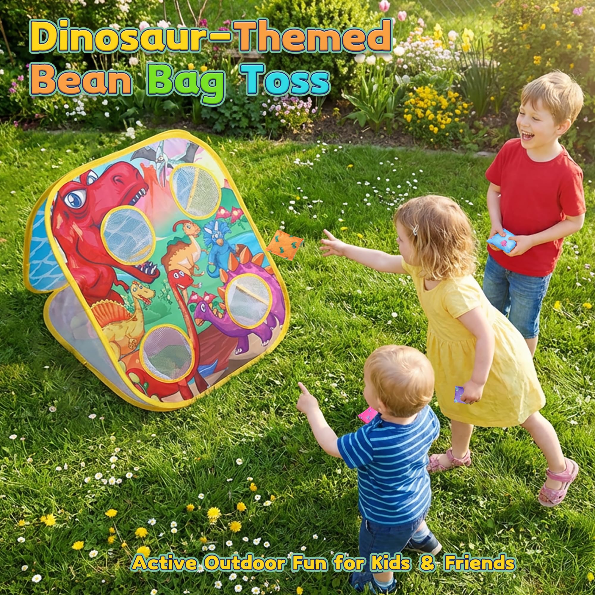 HelloJoy ground stakes installed in grass showing stability for windy outdoor play