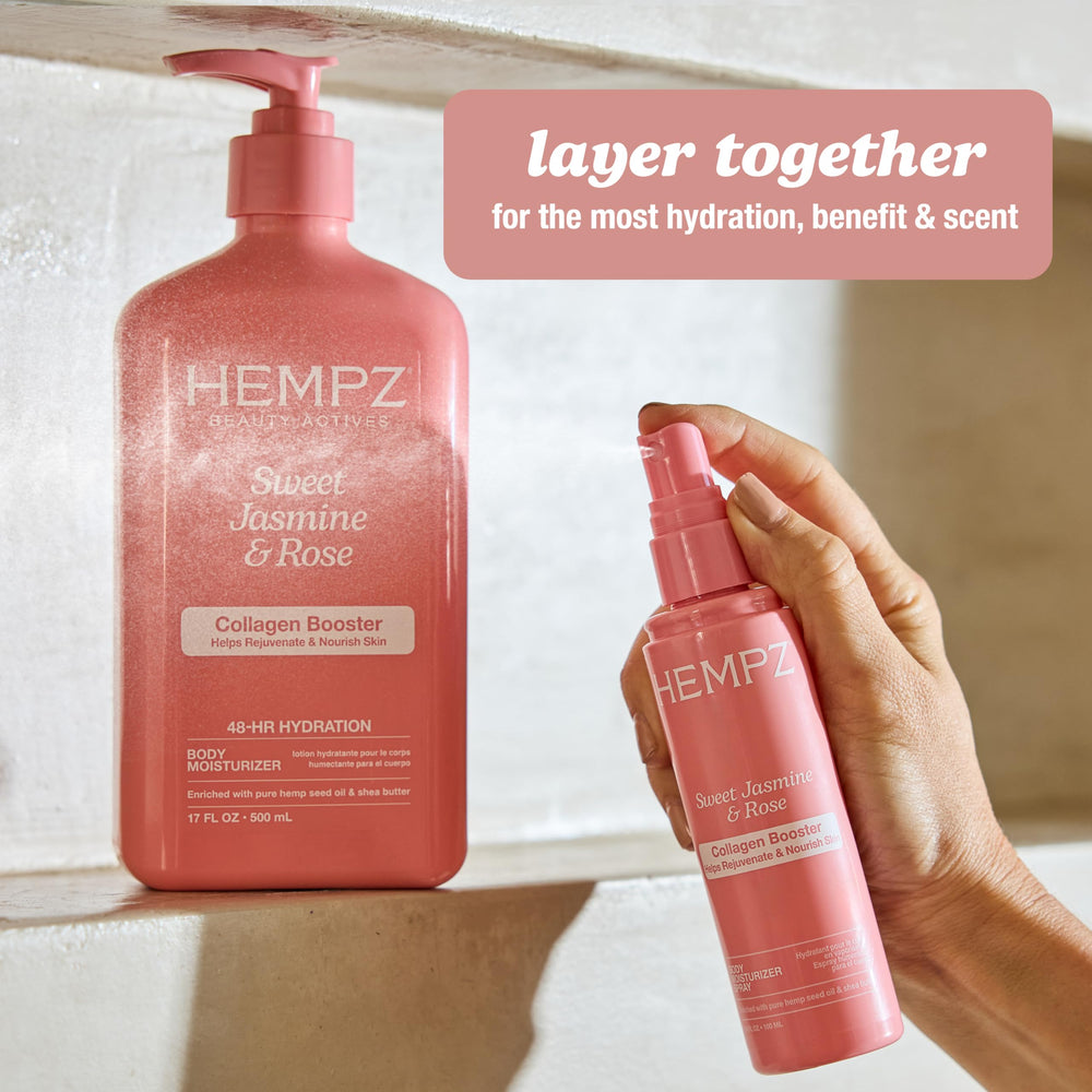 Hempz bottle on bathroom shelf for everyday hydration in a lifestyle setting