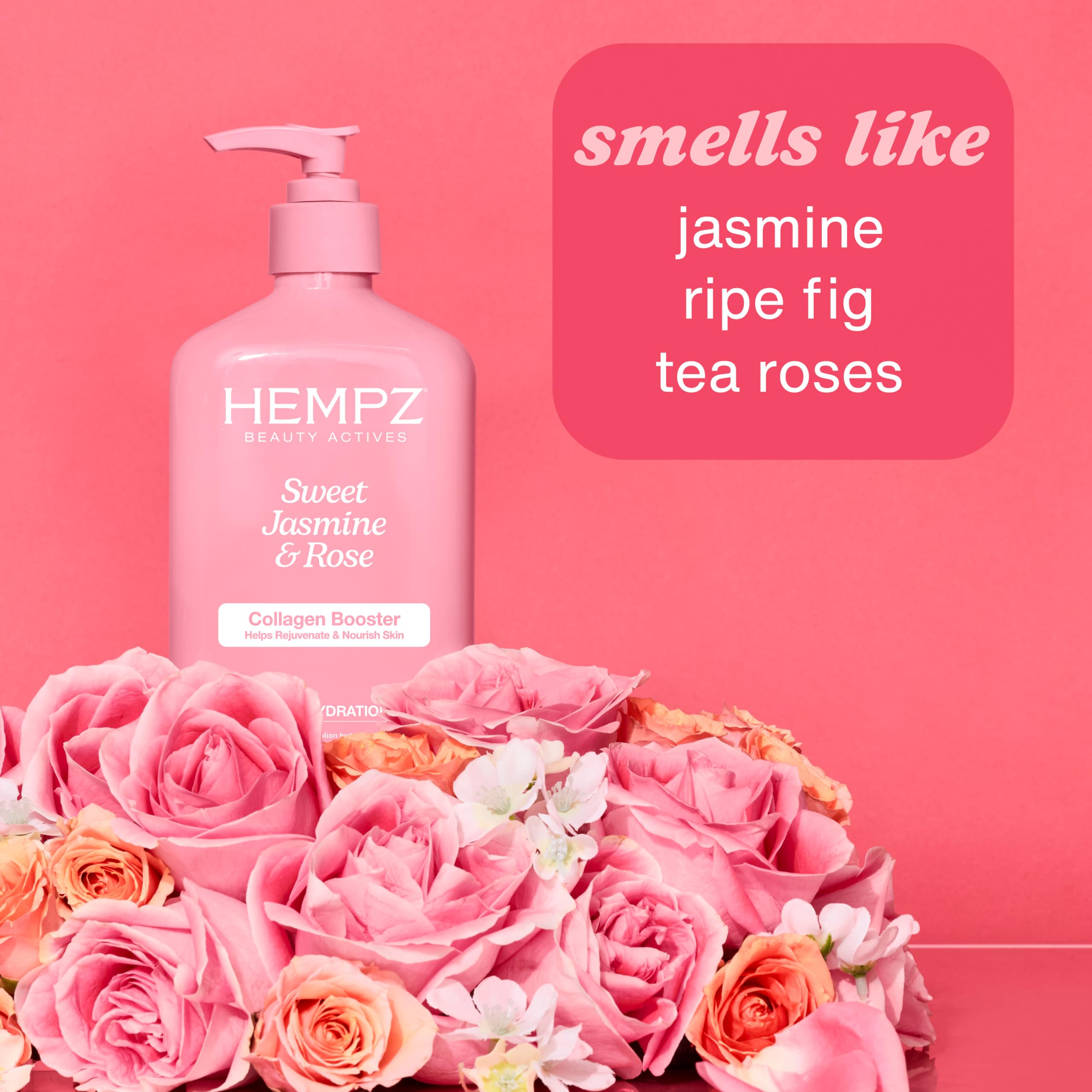 Hempz bottle styled with jasmine and roses conveying fresh floral fragrance