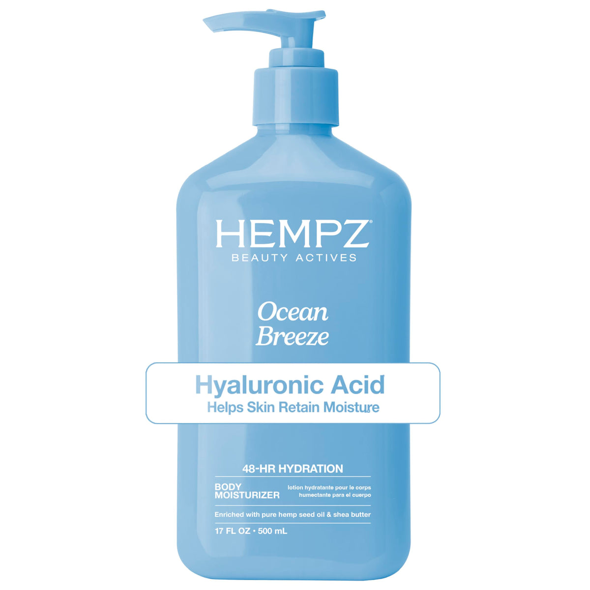 Hempz front packaging showing Ocean Breeze lotion and branding for visible moisturization