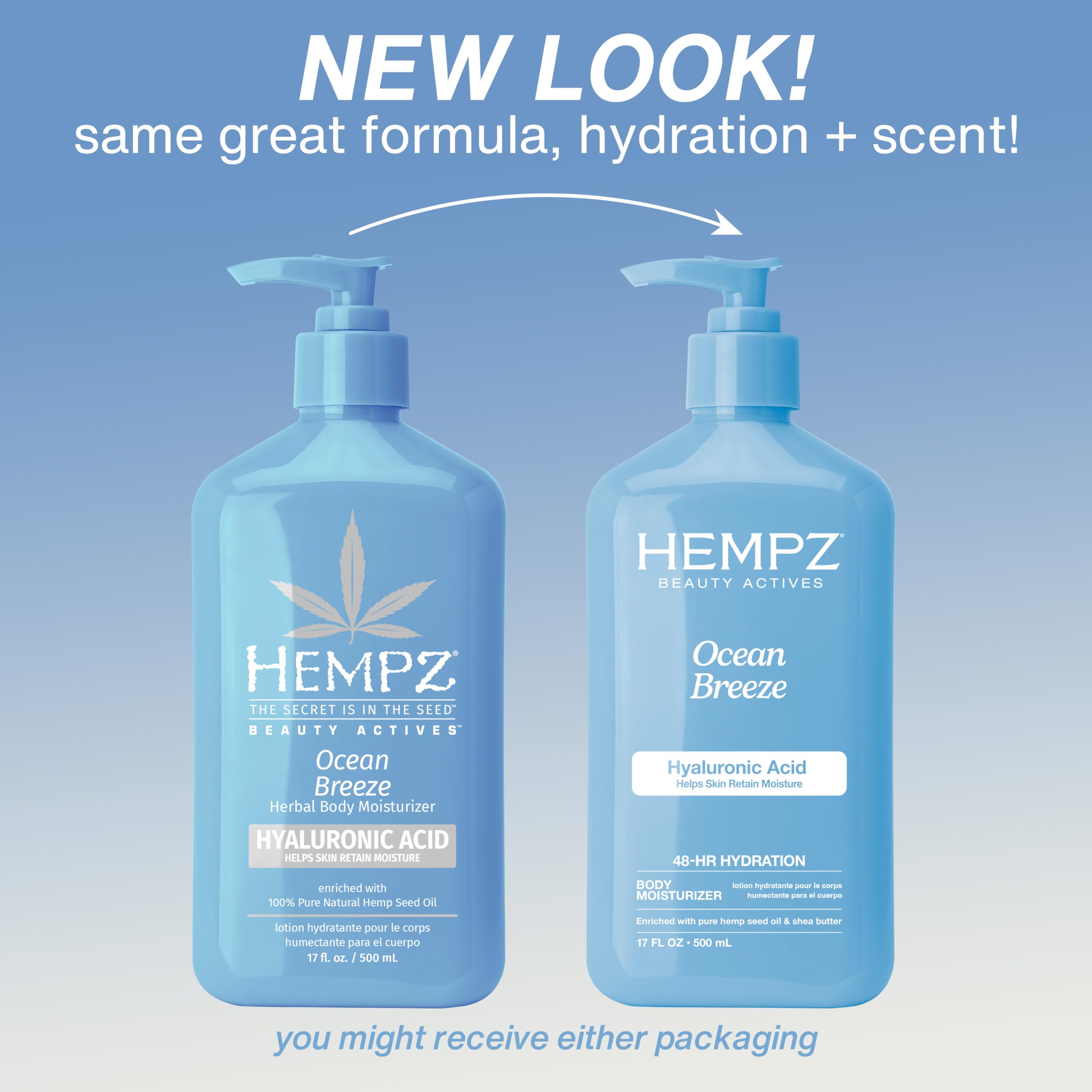 Hempz ingredient label highlighting hemp seed oil, shea butter and hyaluronic acid benefits