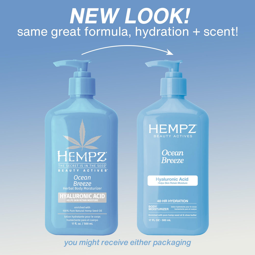 Hempz ingredient label highlighting hemp seed oil, shea butter and hyaluronic acid benefits