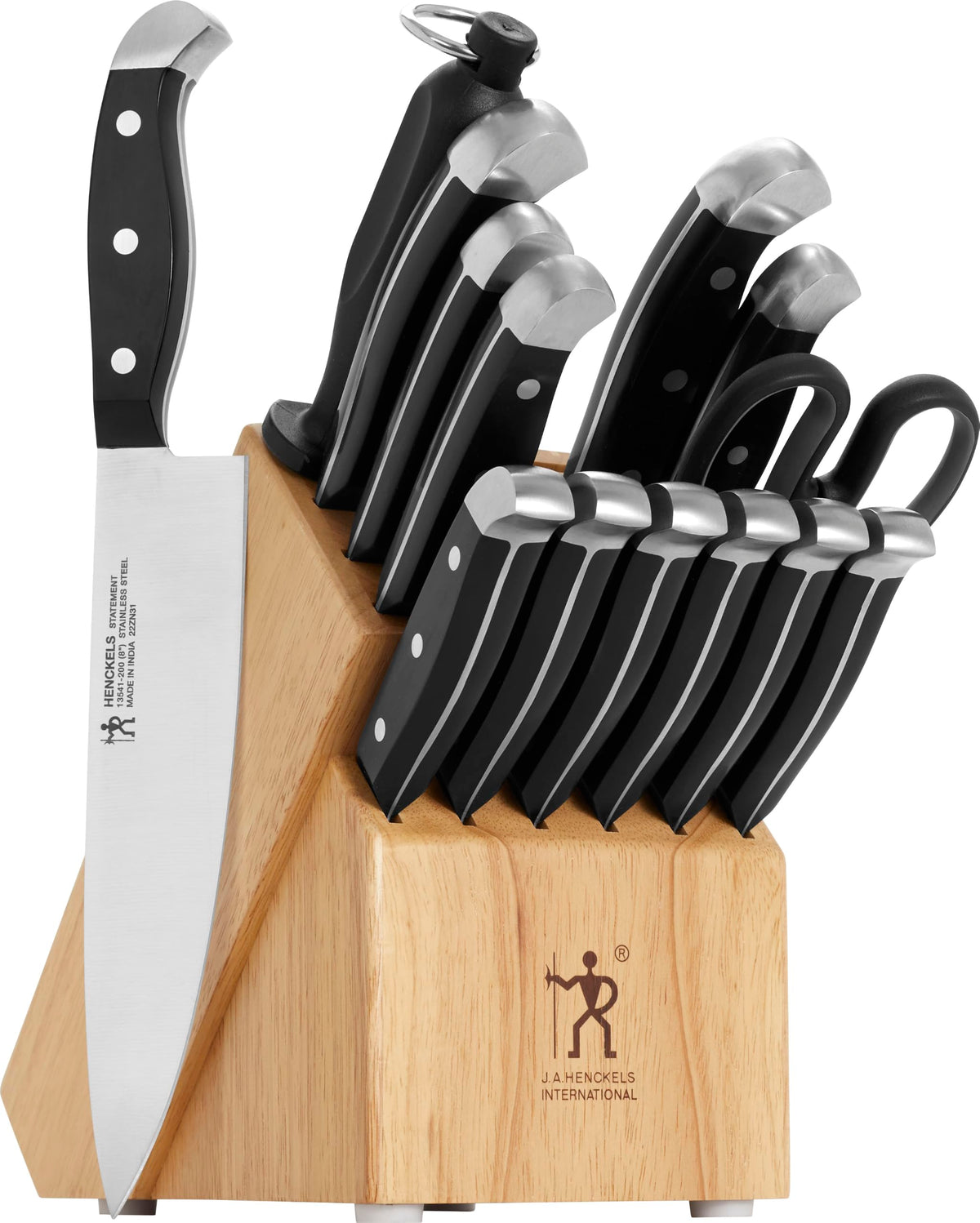 HENCKELS front view of full knife block set showing organized tools and easy access