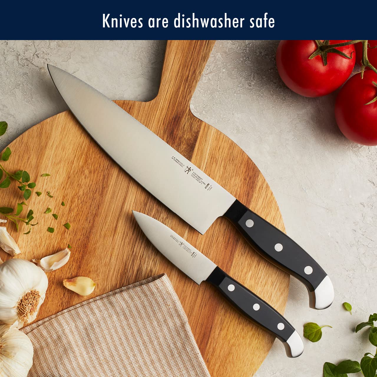 HENCKELS chef knife slicing vegetables on cutting board to speed prep time