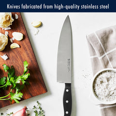 HENCKELS six steak knives arranged to show uniform edges and dinner-ready benefit