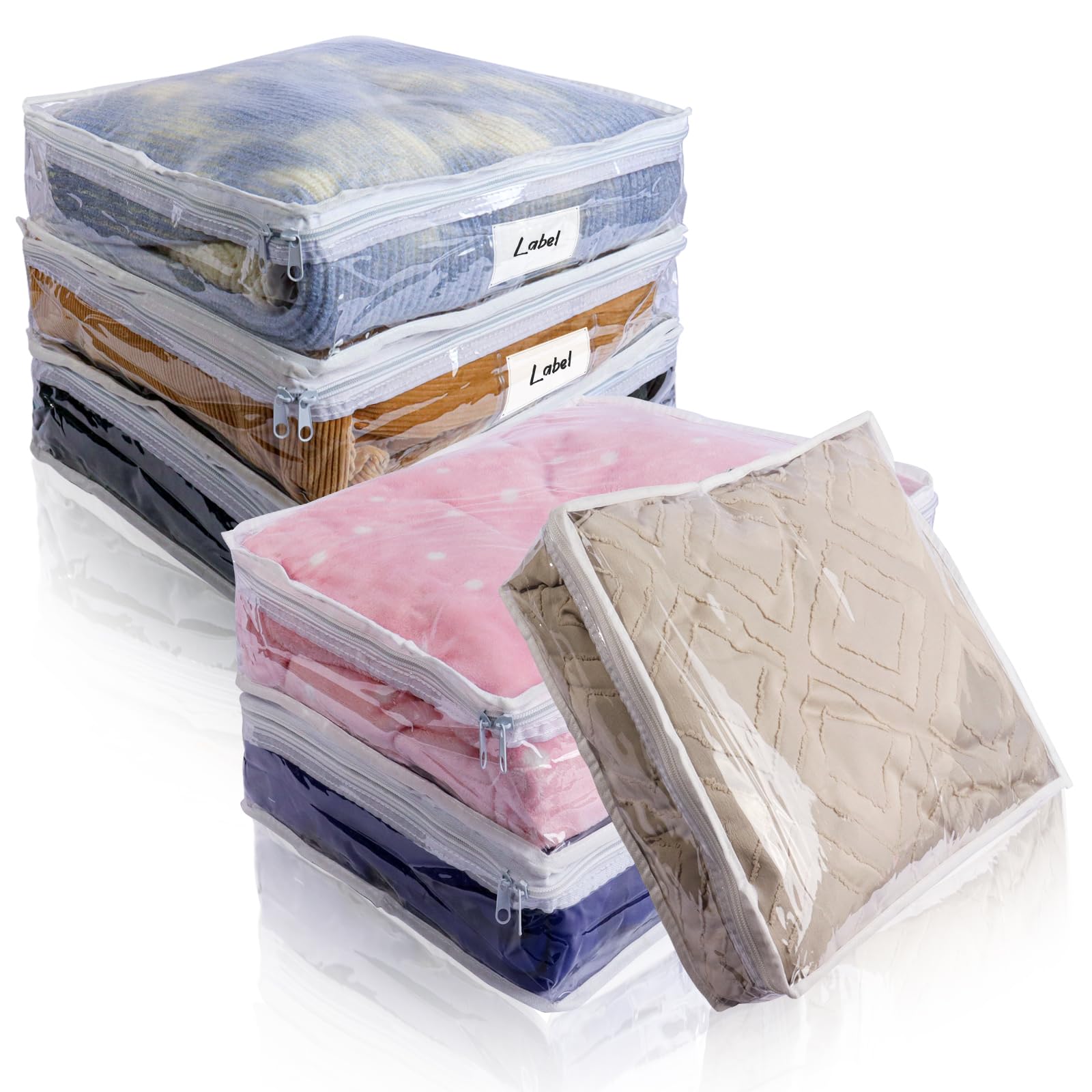 Heonay front view of six clear zippered storage bags showing organized storage benefits