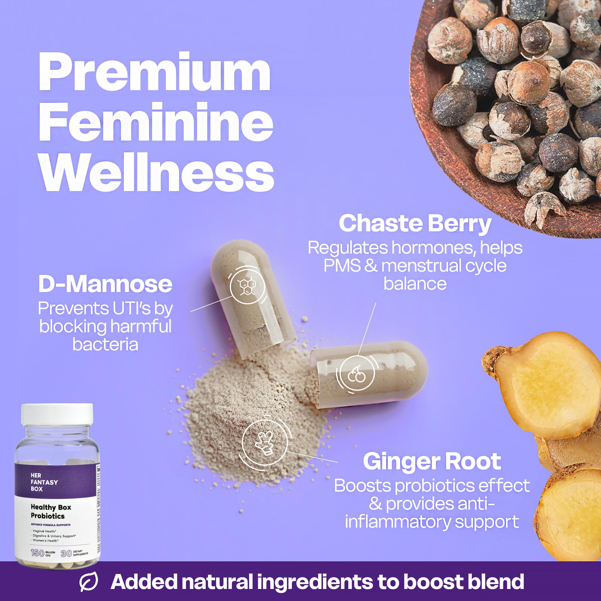 Her Fantasy Box ingredients flatlay with cranberry and botanicals for balance