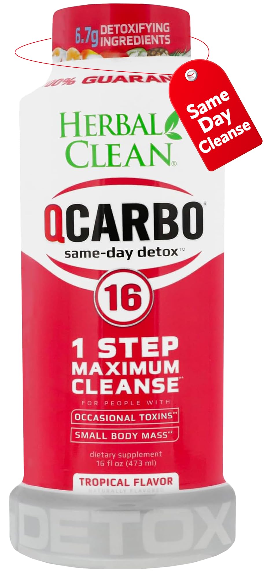 Herbal Clean Qcarbo16 front bottle showing label and tropical flavor benefit