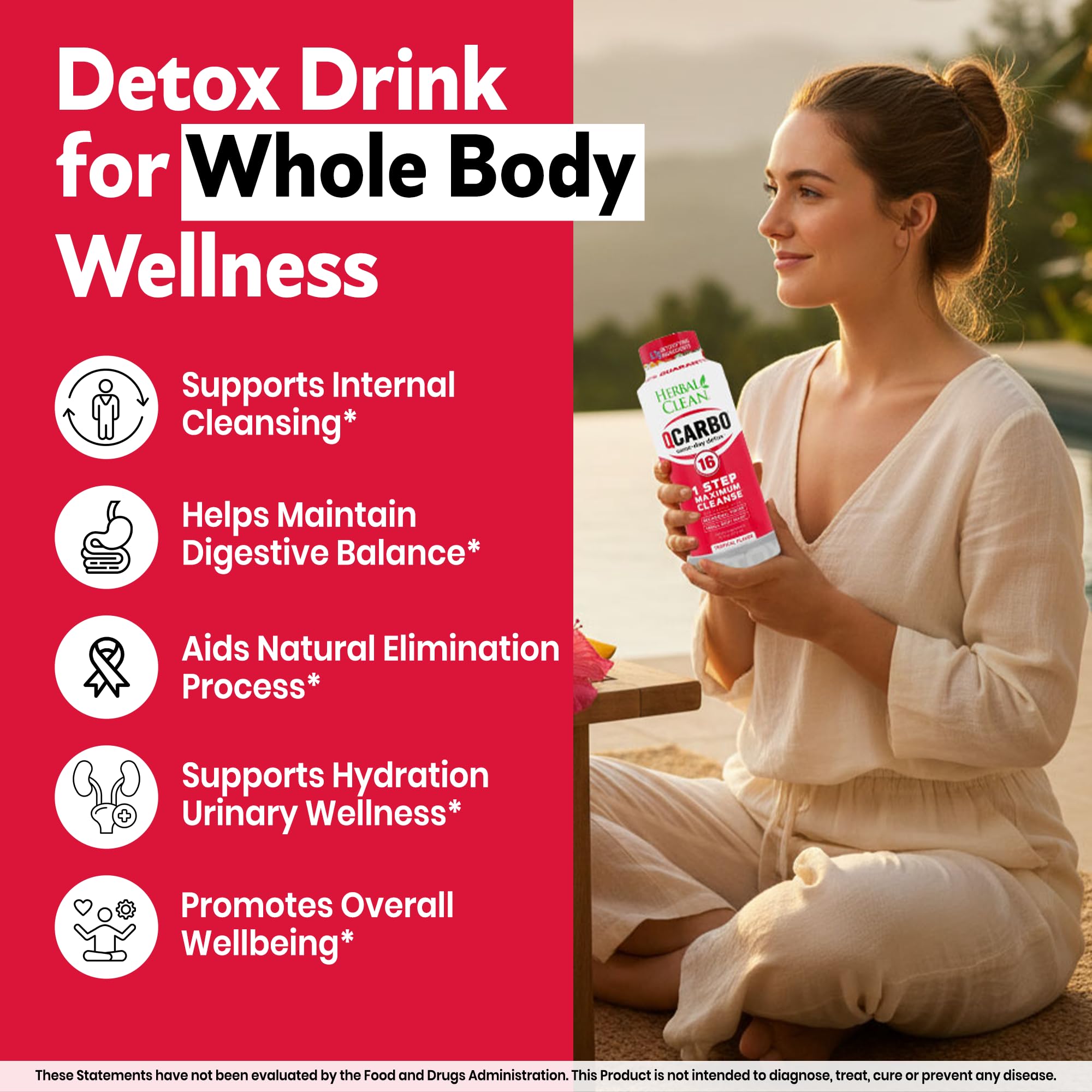 Herbal Clean Qcarbo16 bottle beside water cup demonstrating two-step serving benefit