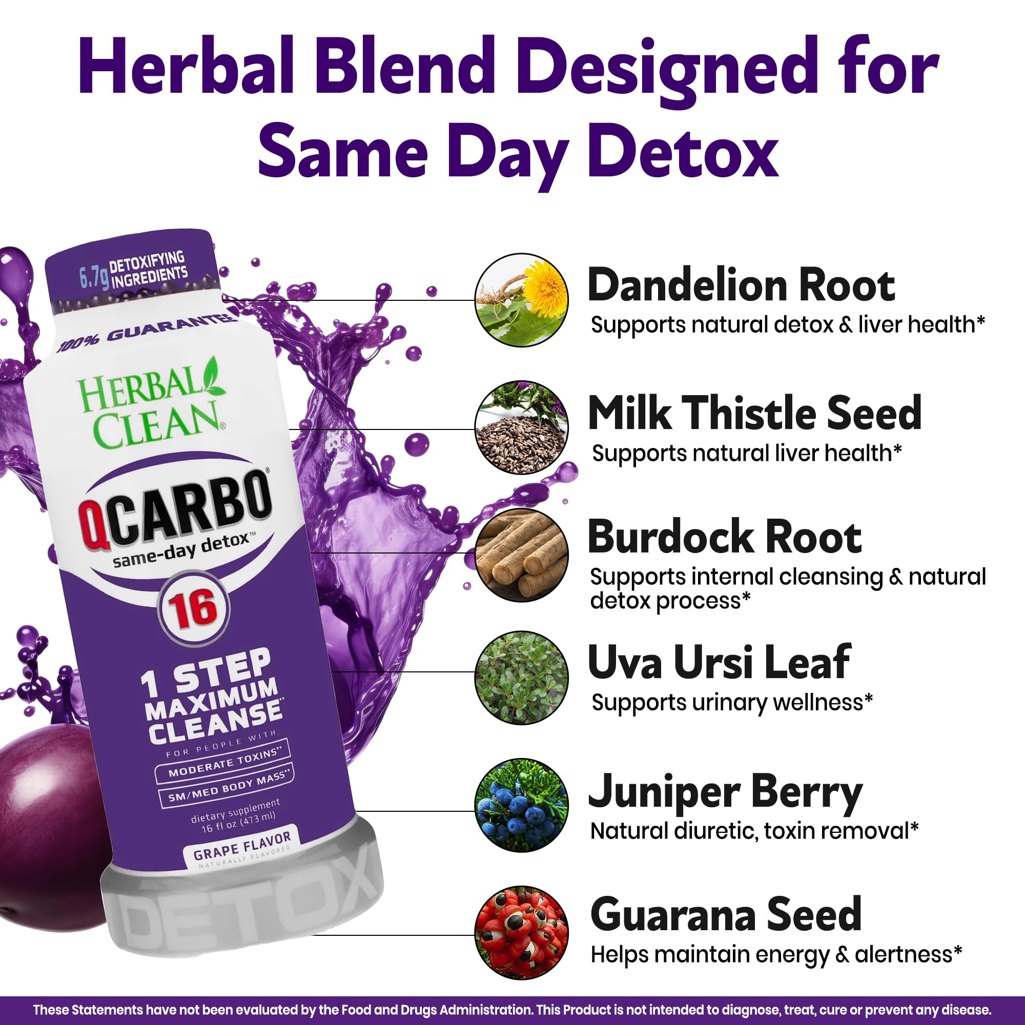 Herbal Clean bottle beside measuring items to show 16 fl oz serving size benefit