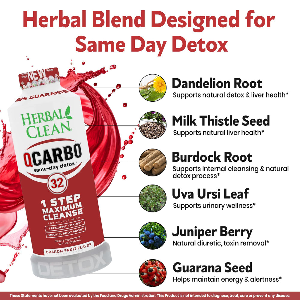 Herbal Clean Qcarbo32 label close-up highlighting ingredients list and B-vitamin support for informed choice
