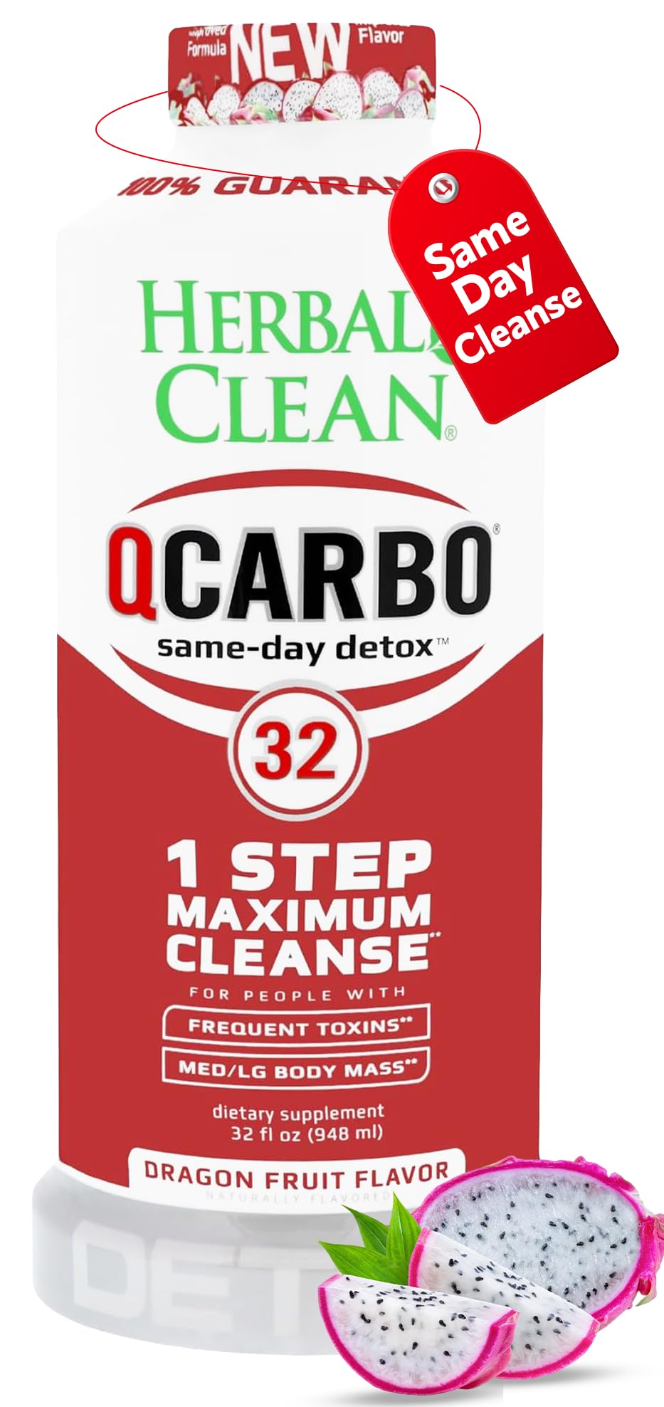 Herbal Clean Qcarbo32 front packaging showing bottle and dragon fruit flavor for clear identification and quick use