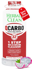 Herbal Clean Qcarbo32 front packaging showing bottle and dragon fruit flavor for clear identification and quick use