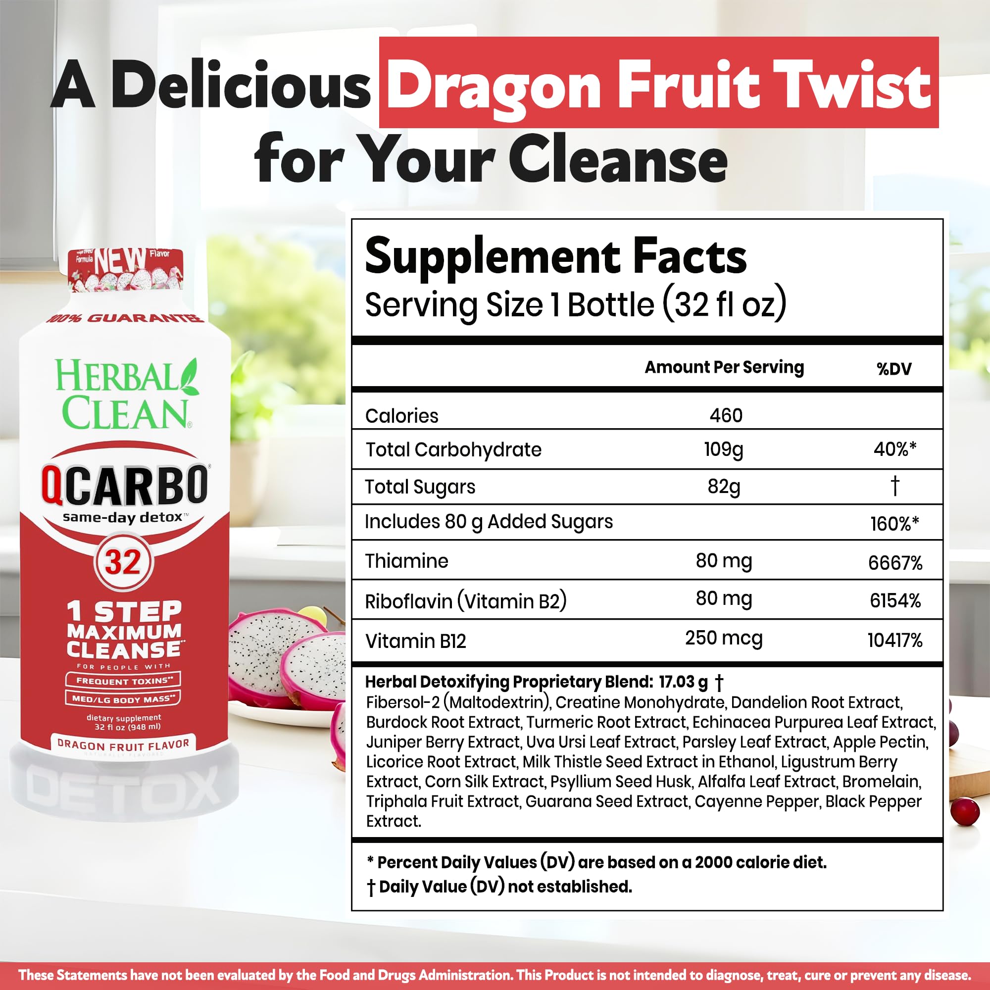 Pouring Herbal Clean Qcarbo32 into a glass to show texture and color, illustrating easy drinking and mixability