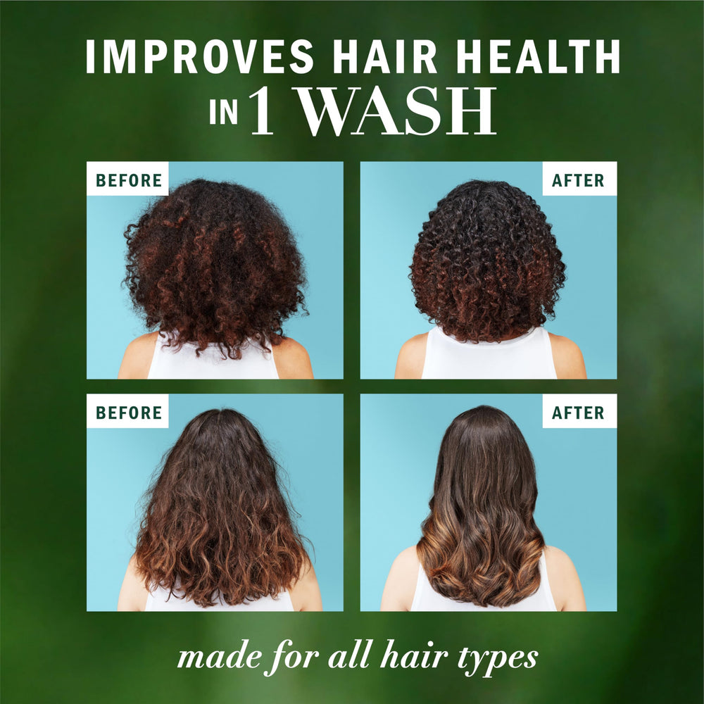 Herbal Essences bottles beside a hand to show 20.2 fl oz scale and convenience