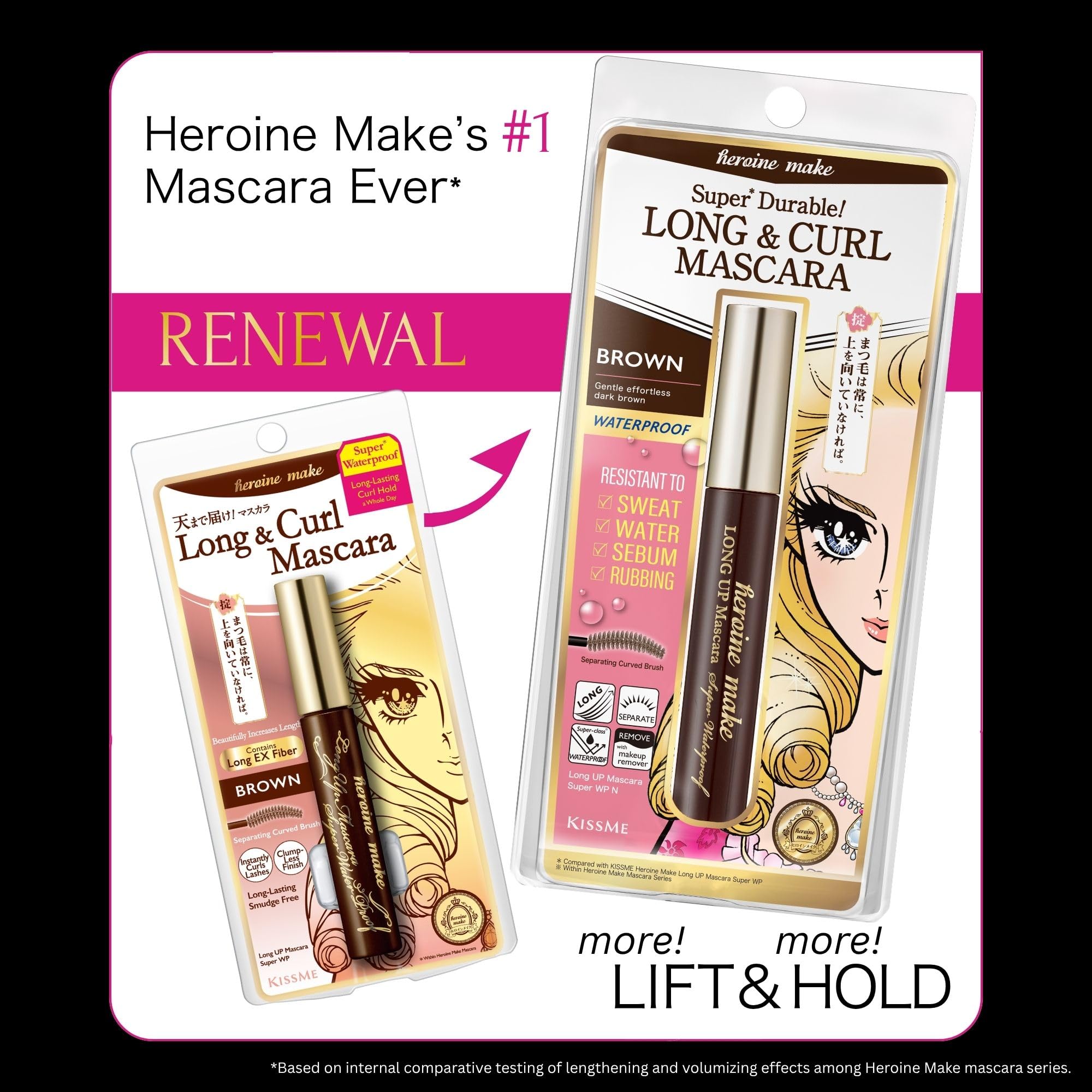 Heroine Make before and after lash swipes showing added length and volume