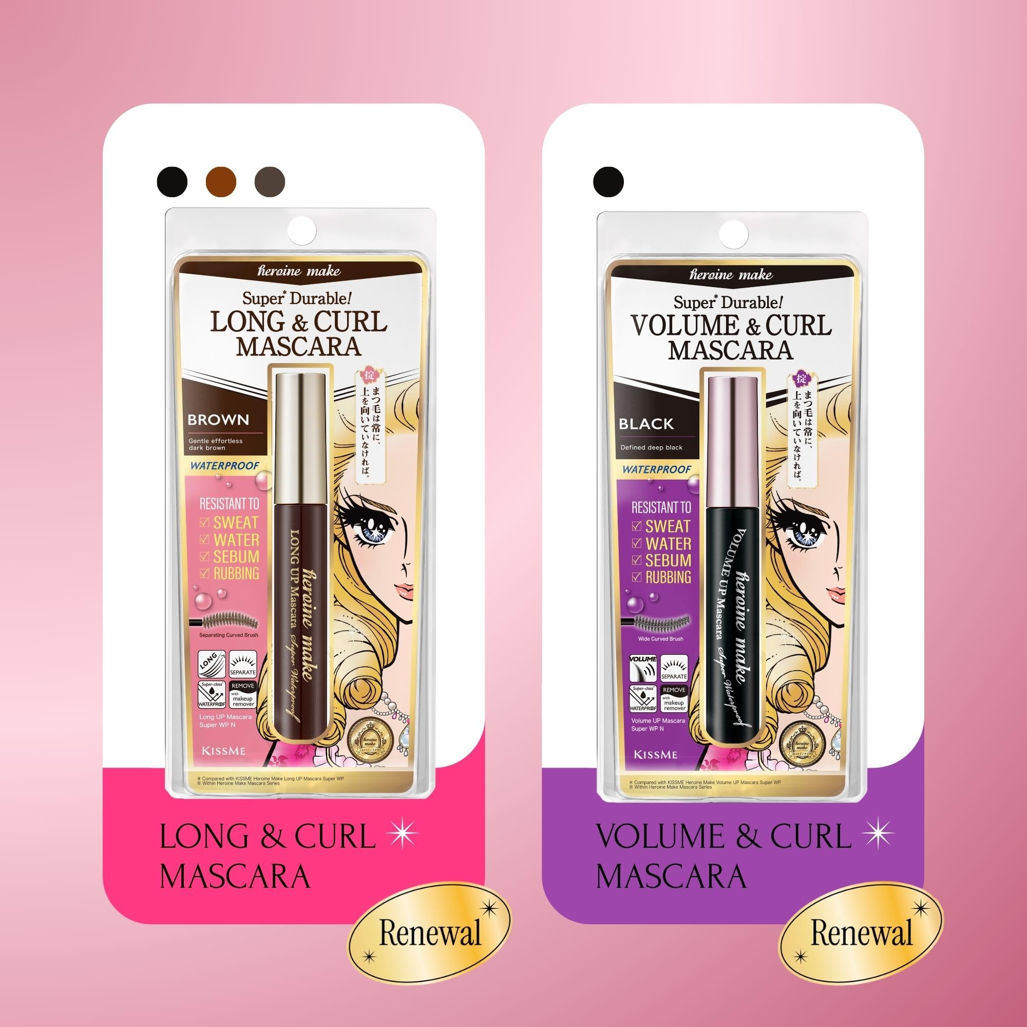 Heroine Make flatlay showing travel-ready mascara and makeup essentials