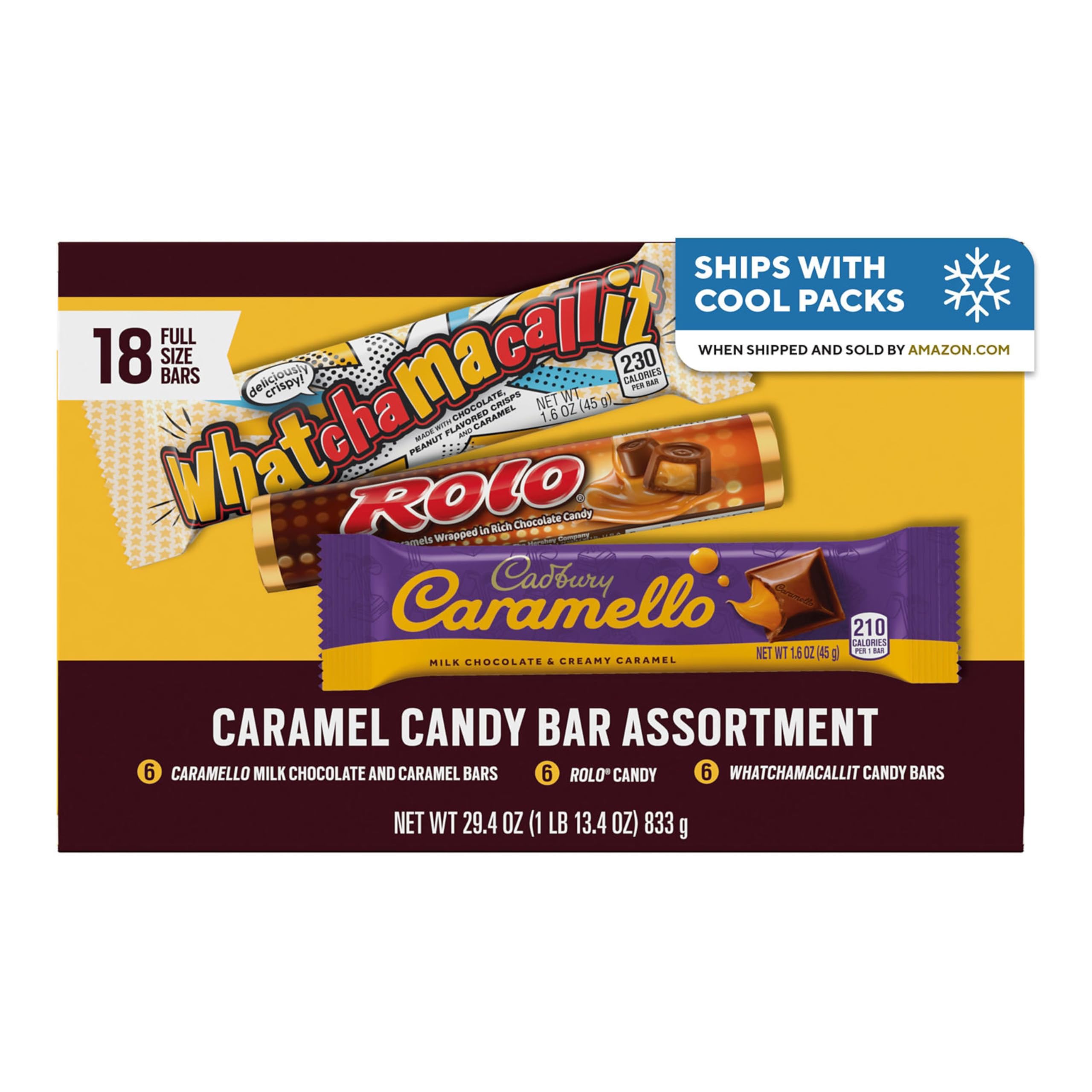 HERSHEY'S front view of assorted caramel box showing brands and count for easy selection