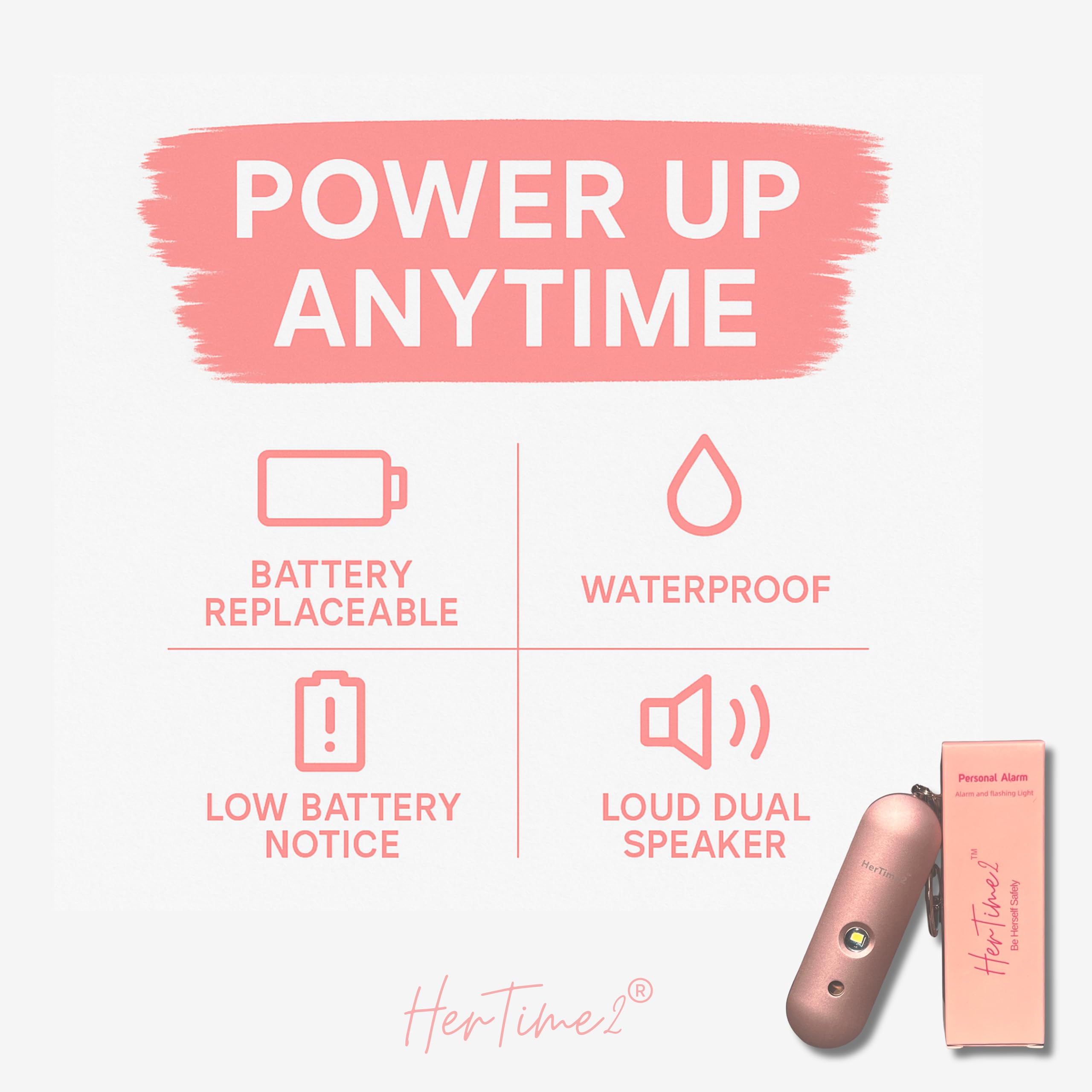 HerTime2 speaker detail emphasizing 130dB siren for loud audible alert