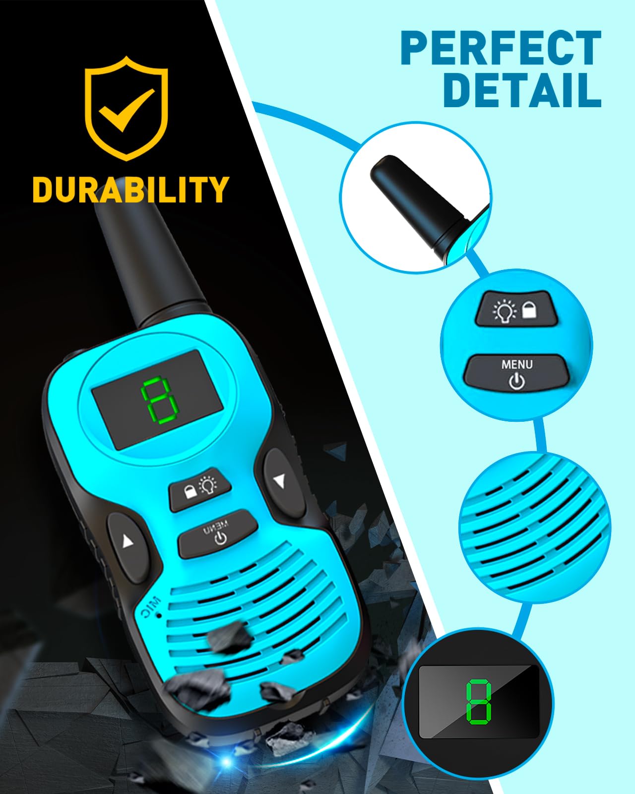 Hetyue close-up of large push-to-talk button for easy operation and safe handling