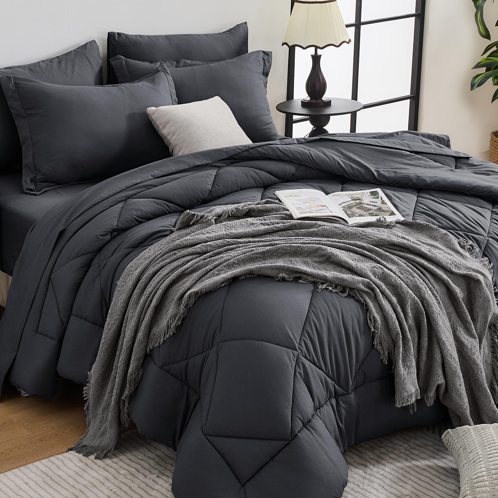 HEVUMYI front view of dark grey comforter showing neat finish and cozy appeal