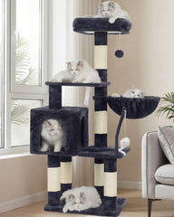 Heybly front view showing full cat tree and play areas benefit interactive play