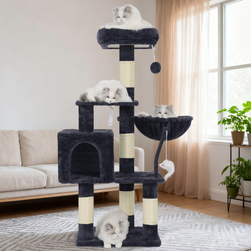 Heybly cat tree in living room scene showing compact fit and decor blend