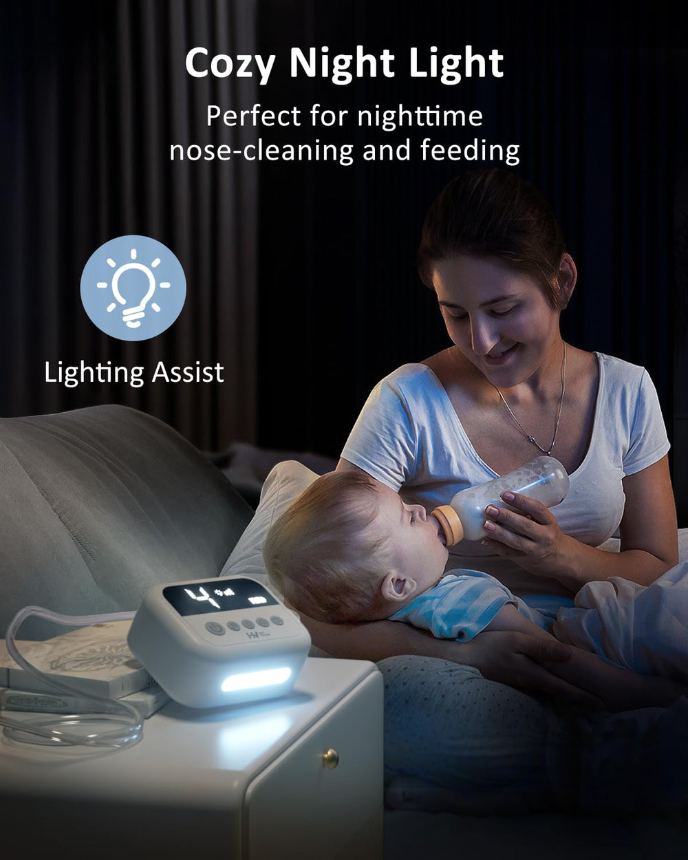 HEYVALUE aspirator in use with nightlight and tunes calming baby during suction