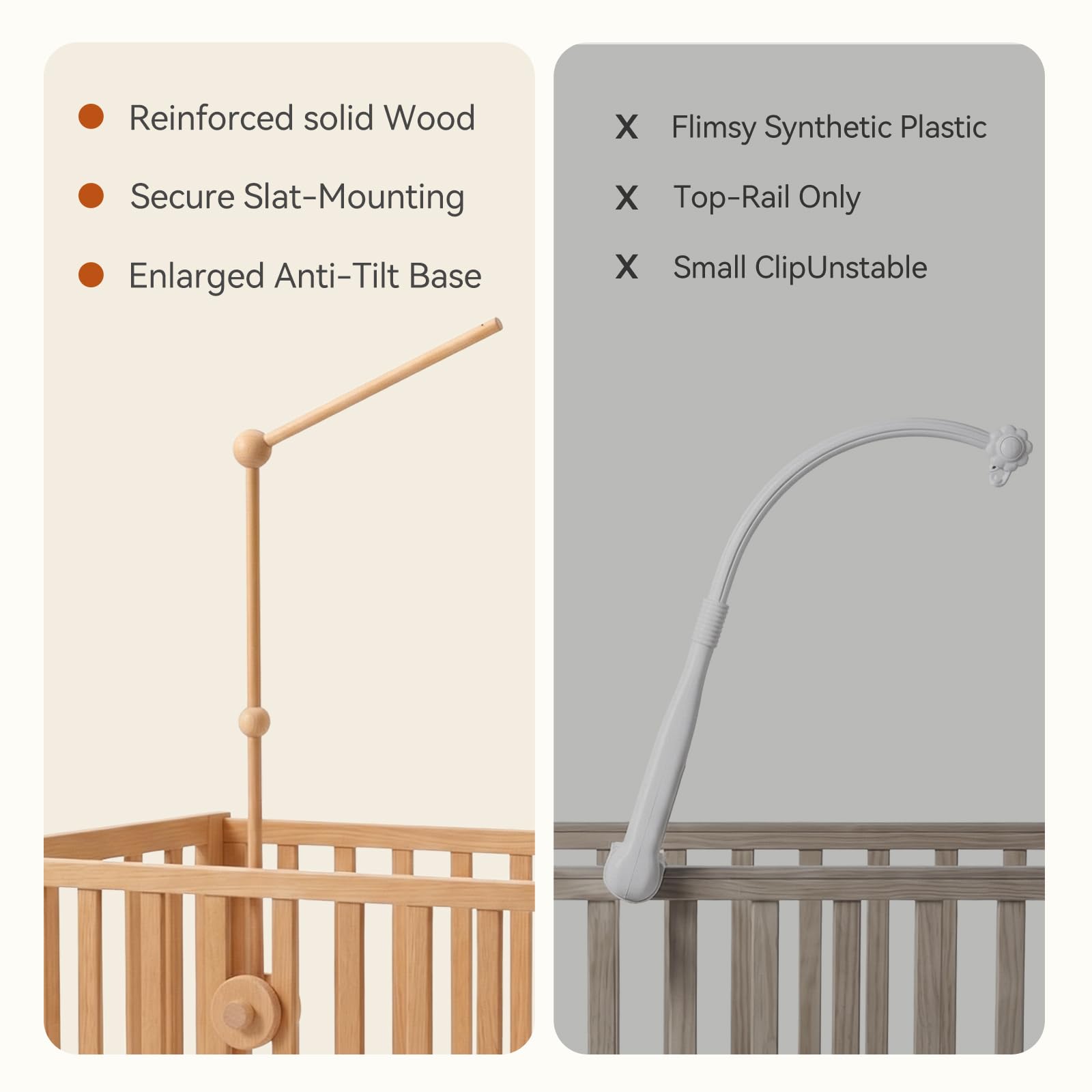 Hi baby monment clamp close-up showing felt pads that protect and secure crib rails