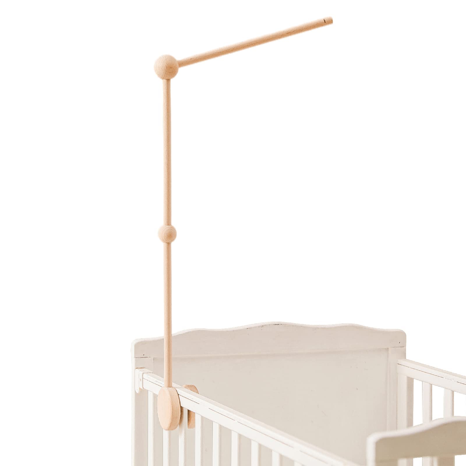Hi baby monment front overview of beech wood mobile arm shows stable design and warmth