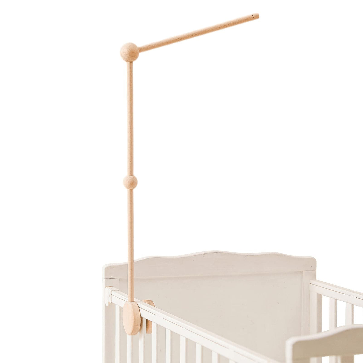 Hi baby monment front overview of beech wood mobile arm shows stable design and warmth