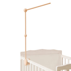 Hi baby monment front overview of beech wood mobile arm shows stable design and warmth