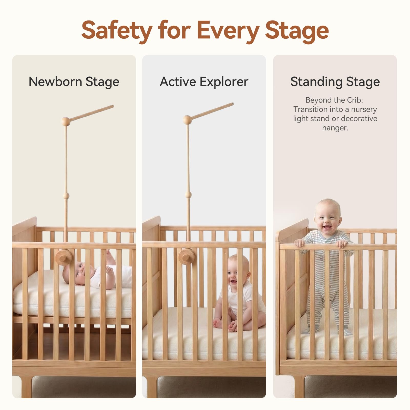 Hi baby monment lifestyle nursery scene showing natural wood arm complementing decor